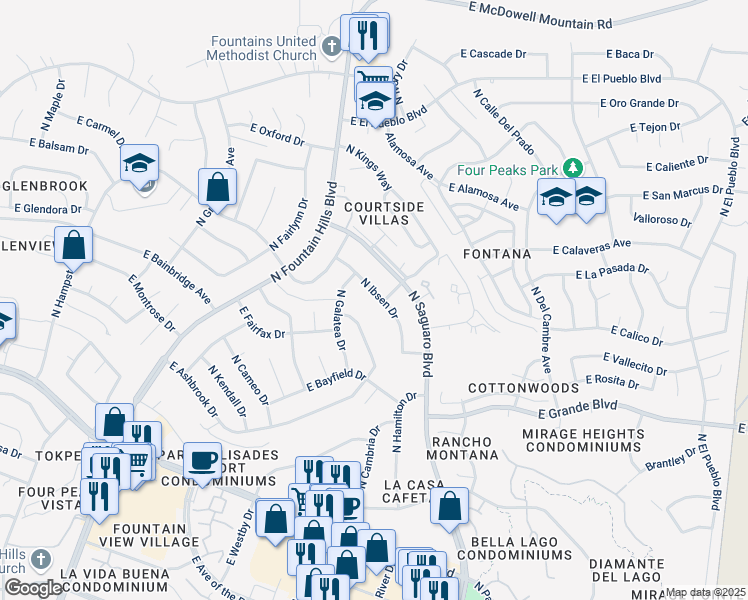 map of restaurants, bars, coffee shops, grocery stores, and more near 14259 North Ashbrook Drive in Fountain Hills