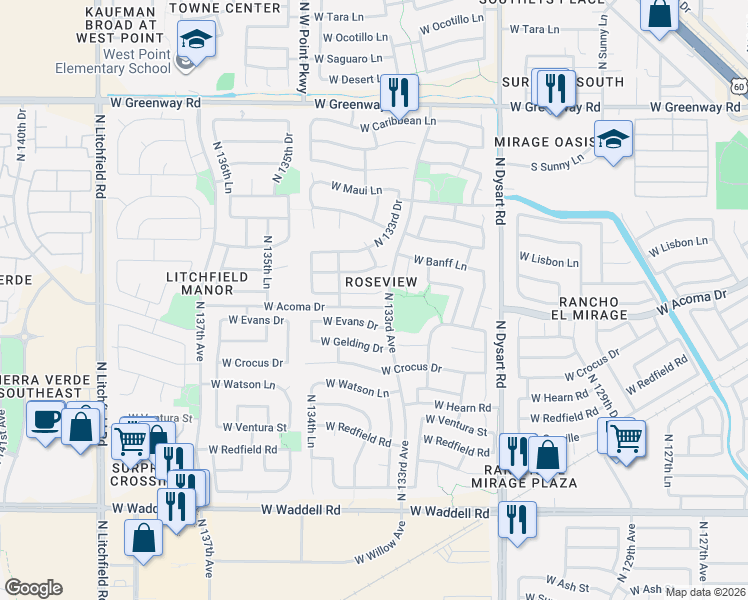 map of restaurants, bars, coffee shops, grocery stores, and more near 13319 West Lisbon Lane in Surprise