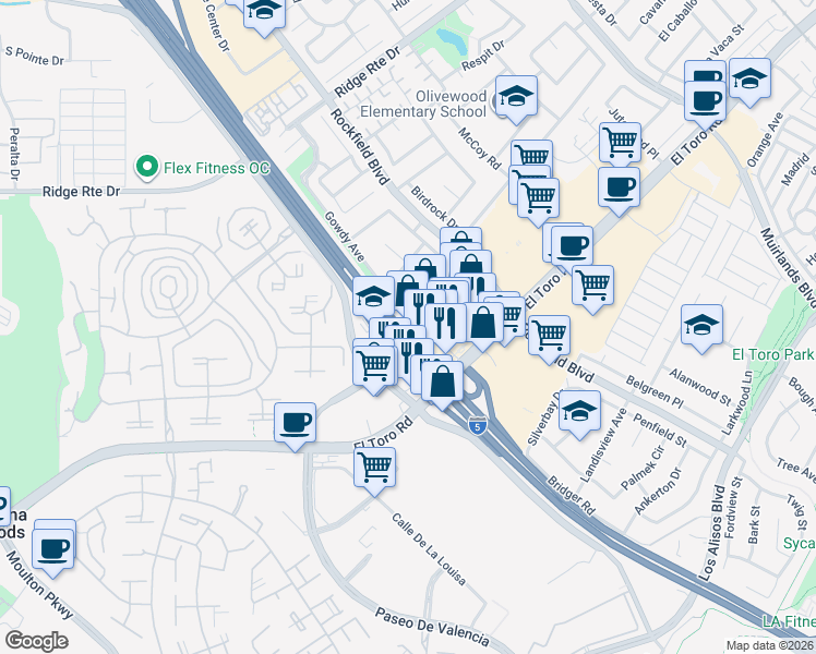 map of restaurants, bars, coffee shops, grocery stores, and more near 23811 Bridger Road in Lake Forest
