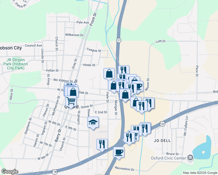 map of restaurants, bars, coffee shops, grocery stores, and more near 230 Hale Street in Oxford