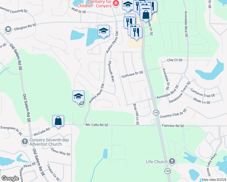 map of restaurants, bars, coffee shops, grocery stores, and more near 2565 Plymouth Way Southeast in Conyers