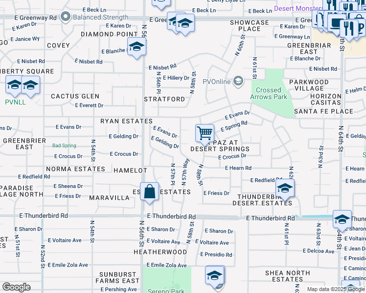map of restaurants, bars, coffee shops, grocery stores, and more near 5745 East Gelding Drive in Scottsdale