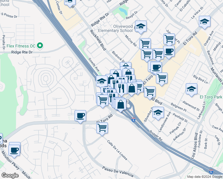 map of restaurants, bars, coffee shops, grocery stores, and more near 23811 Bridger Road in Lake Forest