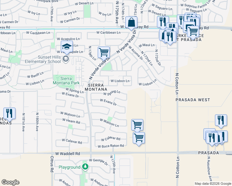 map of restaurants, bars, coffee shops, grocery stores, and more near 17481 West Spring Lane in Surprise