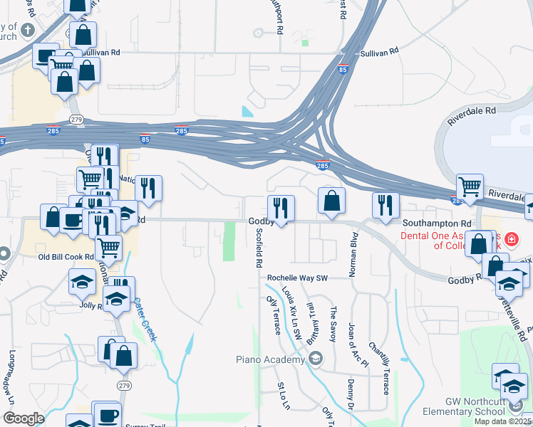 map of restaurants, bars, coffee shops, grocery stores, and more near 2225 Godby Road in College Park