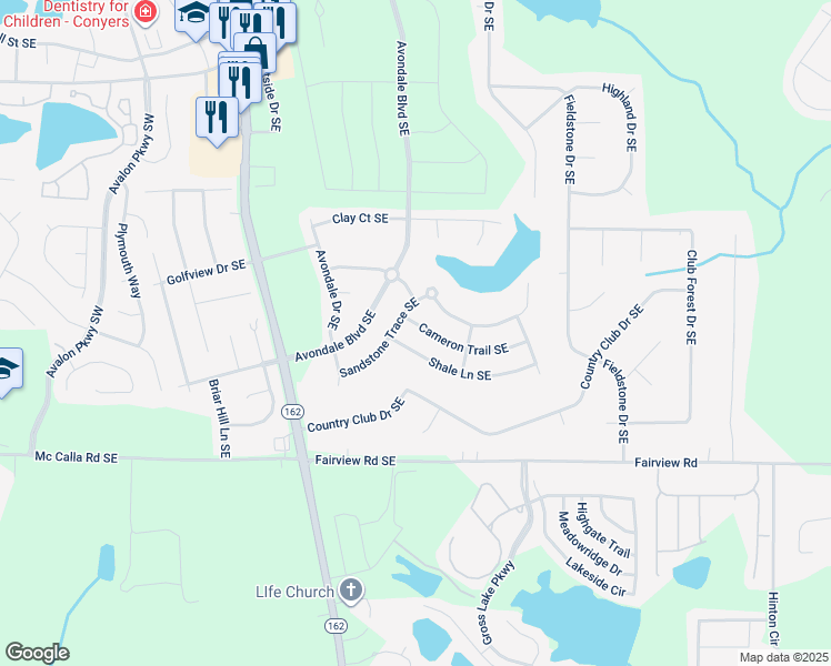 map of restaurants, bars, coffee shops, grocery stores, and more near 3607 Shale Lane Southeast in Conyers