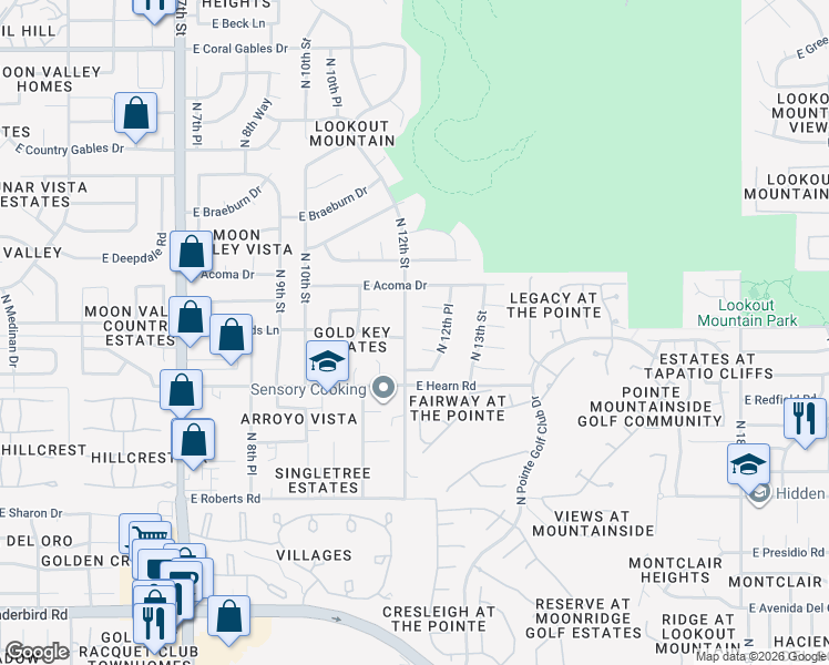 map of restaurants, bars, coffee shops, grocery stores, and more near 1207 East Rowlands Lane in Phoenix