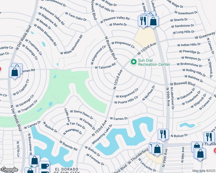 map of restaurants, bars, coffee shops, grocery stores, and more near 10529 West Desert Forest Circle in Sun City