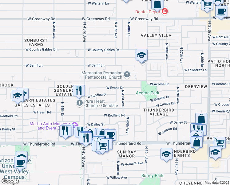 map of restaurants, bars, coffee shops, grocery stores, and more near 4144 West Gelding Drive in Phoenix