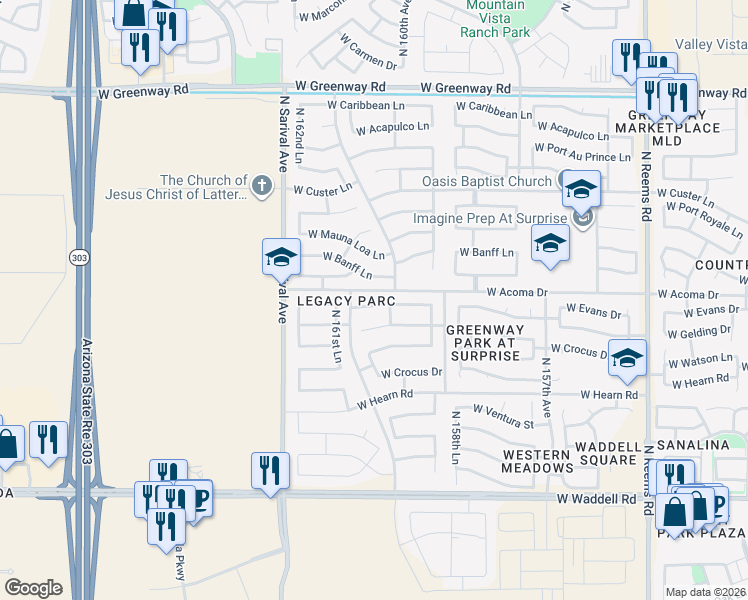 map of restaurants, bars, coffee shops, grocery stores, and more near 16046 West Evans Drive in Surprise
