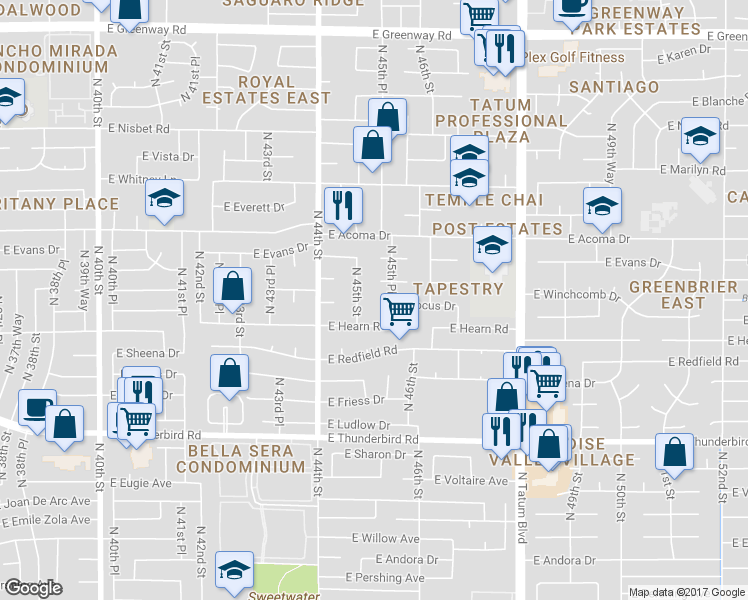 map of restaurants, bars, coffee shops, grocery stores, and more near 4518 East Crocus Drive in Phoenix