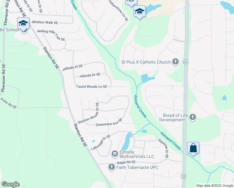 map of restaurants, bars, coffee shops, grocery stores, and more near 650 Pine Ridge Trail Southeast in Conyers