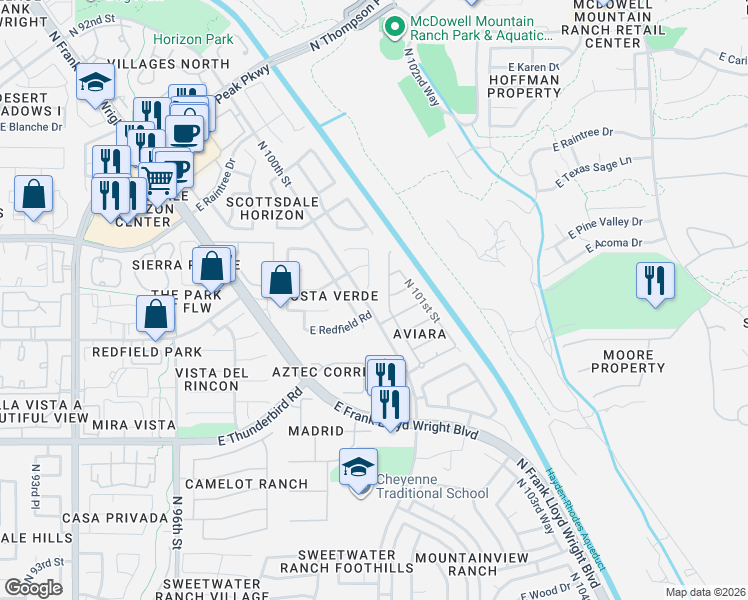 map of restaurants, bars, coffee shops, grocery stores, and more near 14375 North 100th Way in Scottsdale