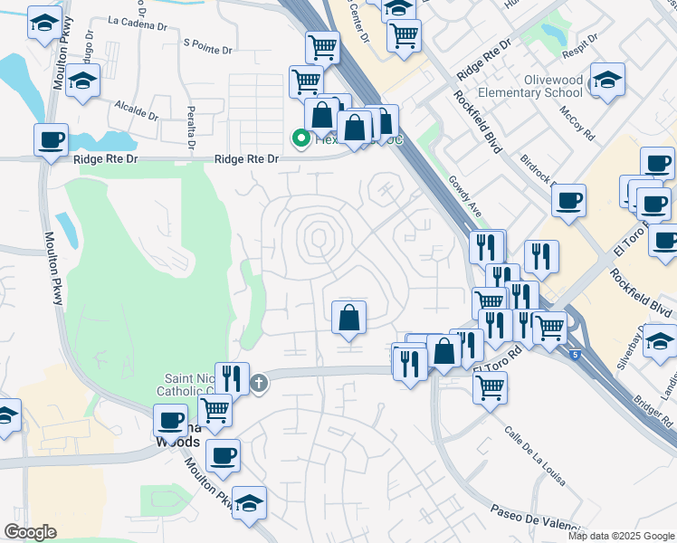 map of restaurants, bars, coffee shops, grocery stores, and more near 2205 Via Mariposa East in Laguna Woods