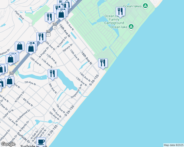 map of restaurants, bars, coffee shops, grocery stores, and more near 116 15th Avenue North in Surfside Beach