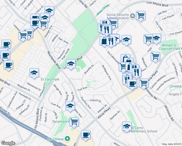 map of restaurants, bars, coffee shops, grocery stores, and more near 23801 Birch Lane in Mission Viejo
