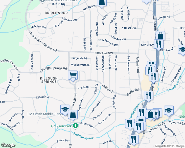 map of restaurants, bars, coffee shops, grocery stores, and more near 1113 Roebuck Lawn Drive in Birmingham