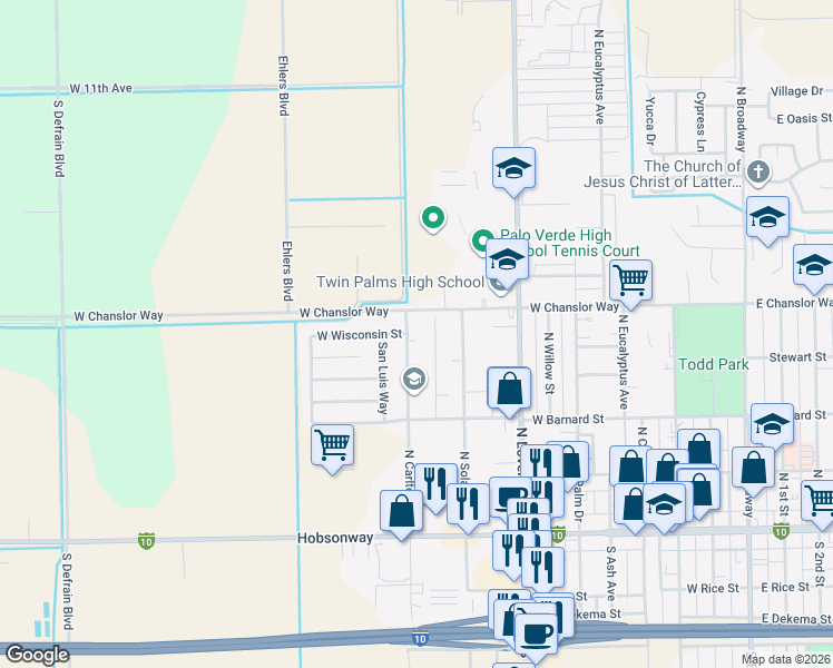 map of restaurants, bars, coffee shops, grocery stores, and more near 440 Carmen Figueroa Lane in Blythe