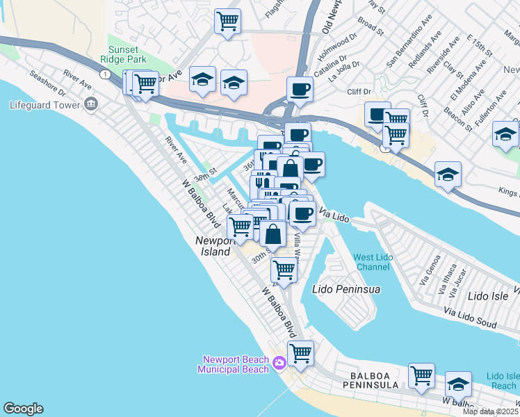 map of restaurants, bars, coffee shops, grocery stores, and more near 2 Clubhouse Drive in Newport Beach
