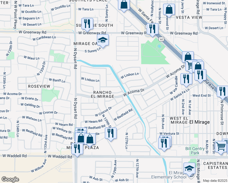 map of restaurants, bars, coffee shops, grocery stores, and more near 12800 West Mandalay Lane in El Mirage