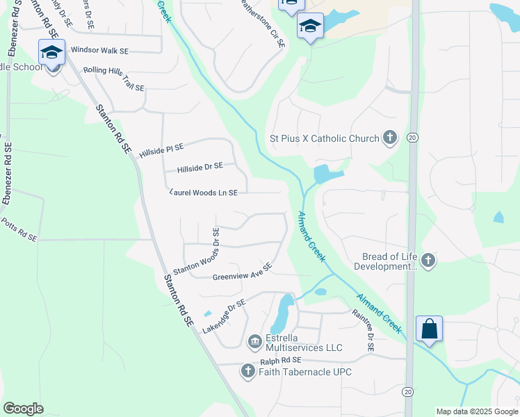 map of restaurants, bars, coffee shops, grocery stores, and more near 650 Pine Ridge Trail Southeast in Conyers