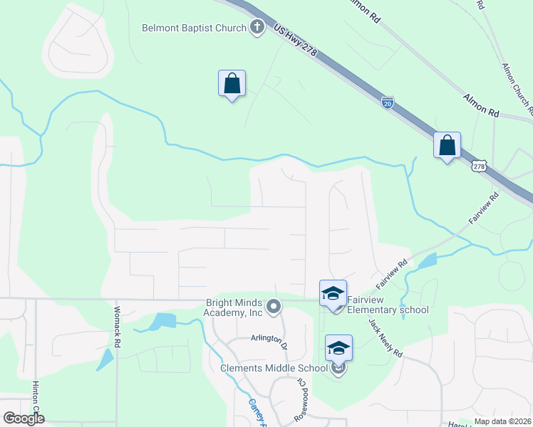 map of restaurants, bars, coffee shops, grocery stores, and more near 45 Fairwinds Drive in Covington