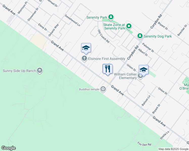 map of restaurants, bars, coffee shops, grocery stores, and more near 19841 Grand Avenue in Lake Elsinore