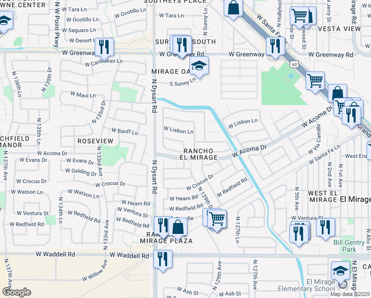map of restaurants, bars, coffee shops, grocery stores, and more near 12946 West Mandalay Lane in El Mirage