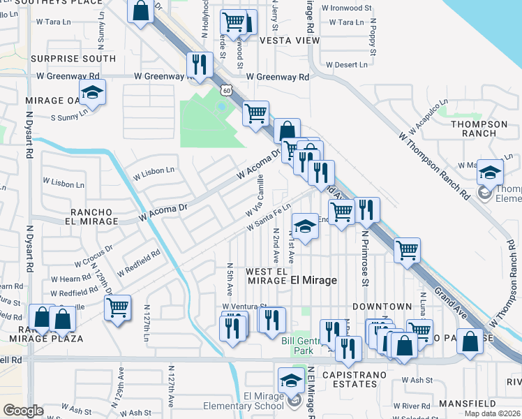 map of restaurants, bars, coffee shops, grocery stores, and more near 12443 West Via Camille in El Mirage