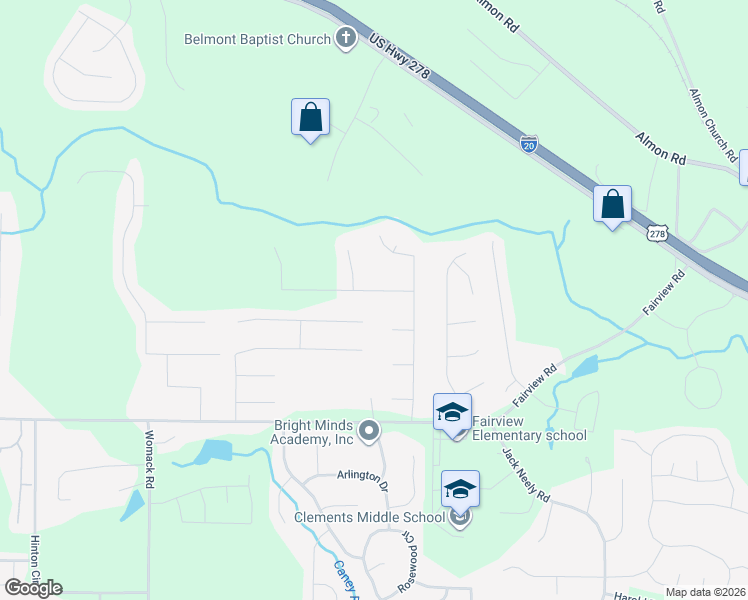 map of restaurants, bars, coffee shops, grocery stores, and more near 45 Fairwinds Drive in Covington