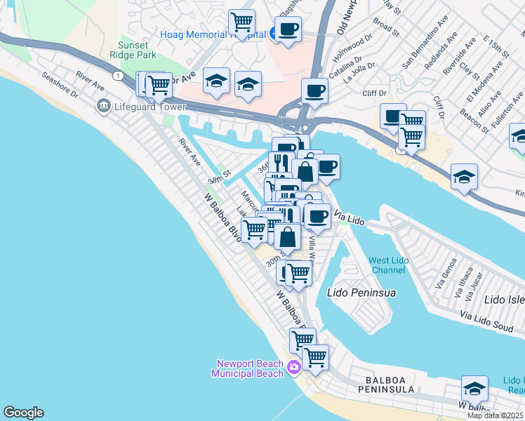 map of restaurants, bars, coffee shops, grocery stores, and more near 3306 Marcus Avenue in Newport Beach