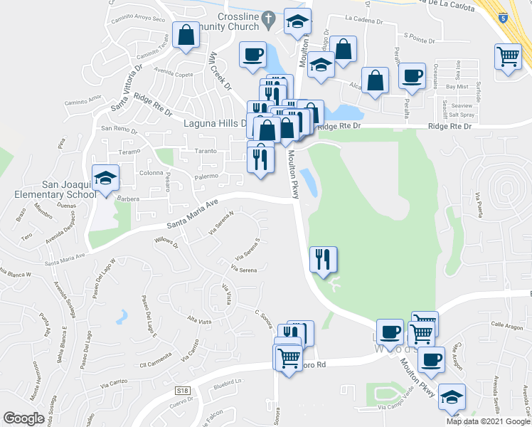 map of restaurants, bars, coffee shops, grocery stores, and more near 3110 Via Serena South in Laguna Woods
