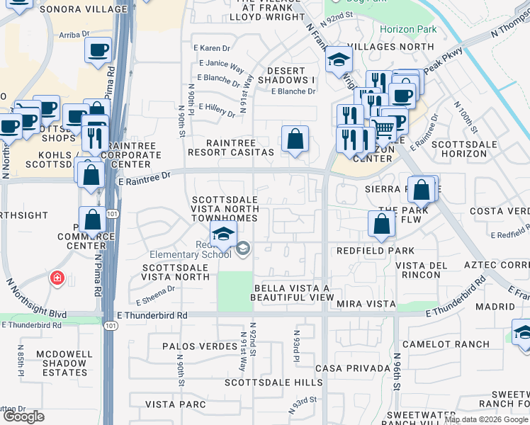 map of restaurants, bars, coffee shops, grocery stores, and more near 9240 East Redfield Road in Scottsdale