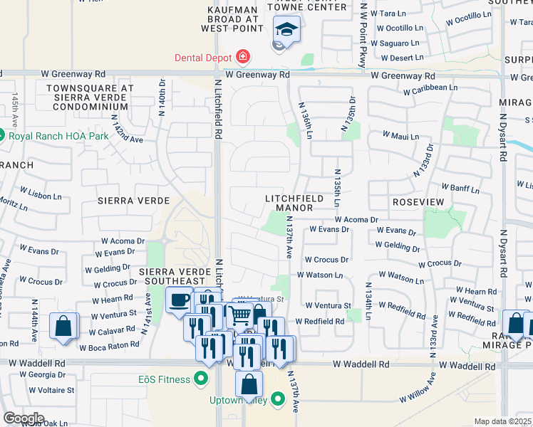 map of restaurants, bars, coffee shops, grocery stores, and more near 14635 N 138th Ln in Surprise