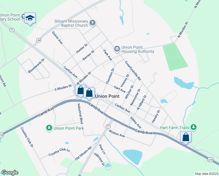 map of restaurants, bars, coffee shops, grocery stores, and more near 608 Hart Avenue in Union Point