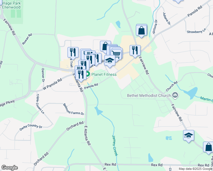 map of restaurants, bars, coffee shops, grocery stores, and more near 2017 Panola Road in Ellenwood