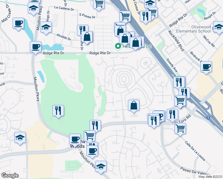 map of restaurants, bars, coffee shops, grocery stores, and more near 2323 Via Puerta in Laguna Woods