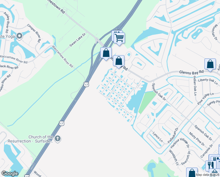 map of restaurants, bars, coffee shops, grocery stores, and more near 2266 Huntingdon Drive in Myrtle Beach
