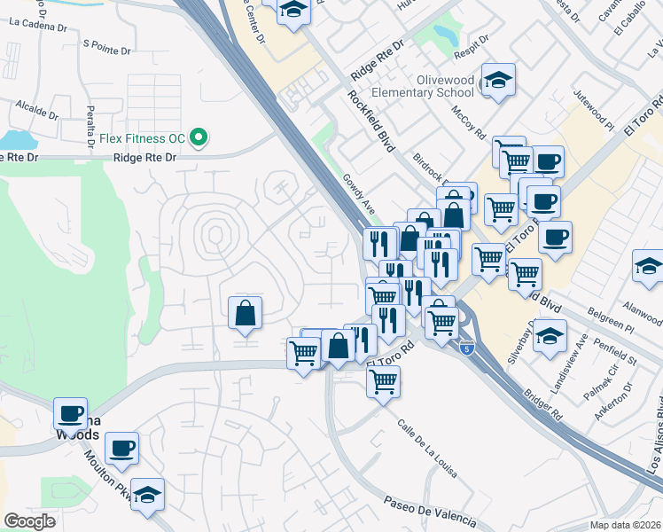 map of restaurants, bars, coffee shops, grocery stores, and more near Ronda Granada in Laguna Woods