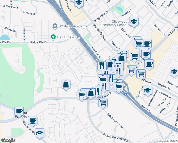 map of restaurants, bars, coffee shops, grocery stores, and more near Ronda Granada in Laguna Woods