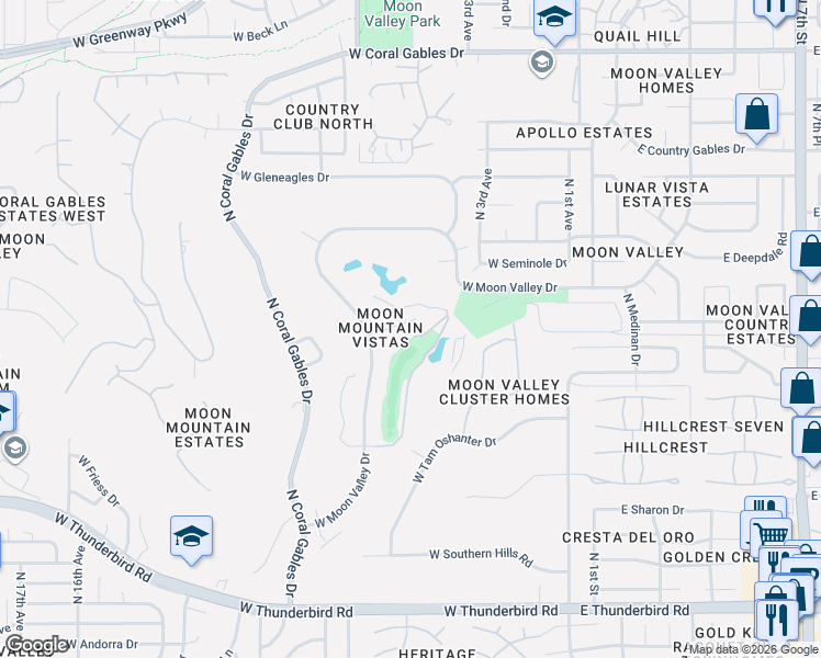 map of restaurants, bars, coffee shops, grocery stores, and more near 505 West Wakonda Lane in Phoenix