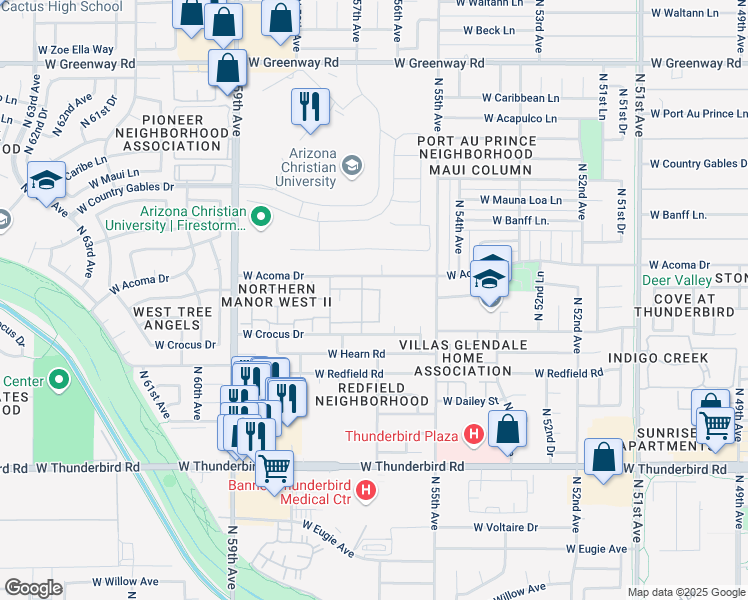 map of restaurants, bars, coffee shops, grocery stores, and more near 5615 West Acoma Drive in Glendale