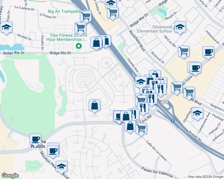 map of restaurants, bars, coffee shops, grocery stores, and more near 2105 Ronda Granada in Laguna Woods