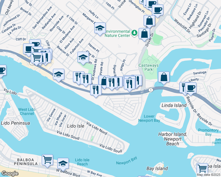 map of restaurants, bars, coffee shops, grocery stores, and more near 910 West Coast Highway in Newport Beach