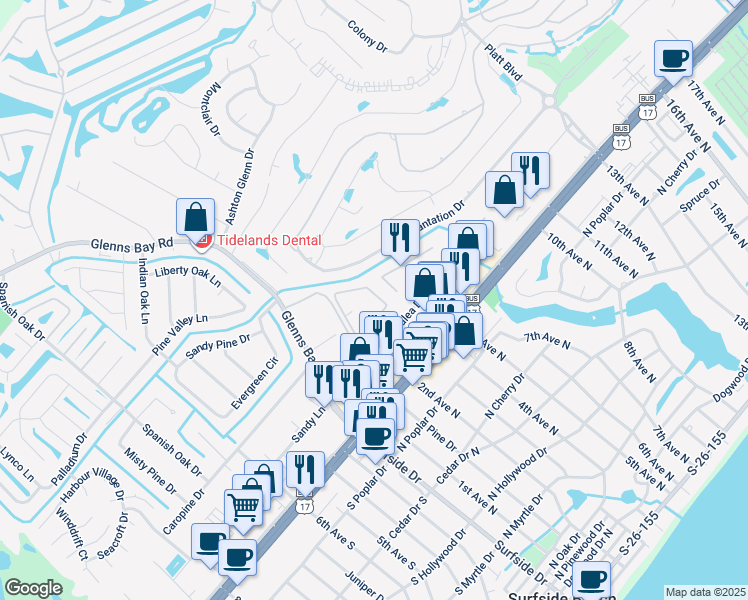 map of restaurants, bars, coffee shops, grocery stores, and more near 1101 2nd Avenue North in Surfside Beach