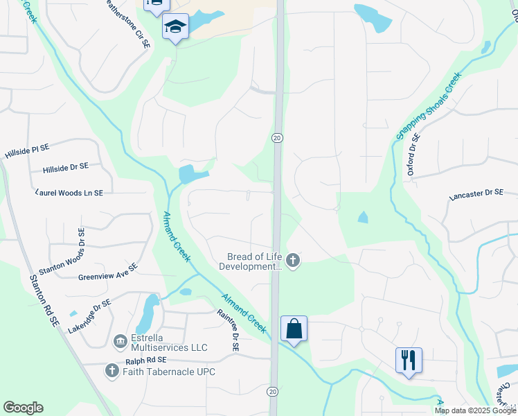 map of restaurants, bars, coffee shops, grocery stores, and more near 2811 Bay Leaf Drive Southeast in Conyers