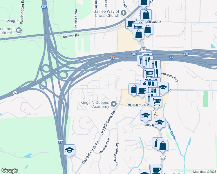 map of restaurants, bars, coffee shops, grocery stores, and more near 5100 Windsor Forrest Lane in College Park