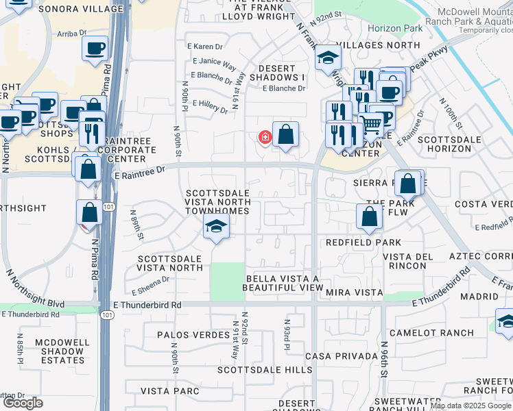 map of restaurants, bars, coffee shops, grocery stores, and more near 9240 East Redfield Road in Scottsdale
