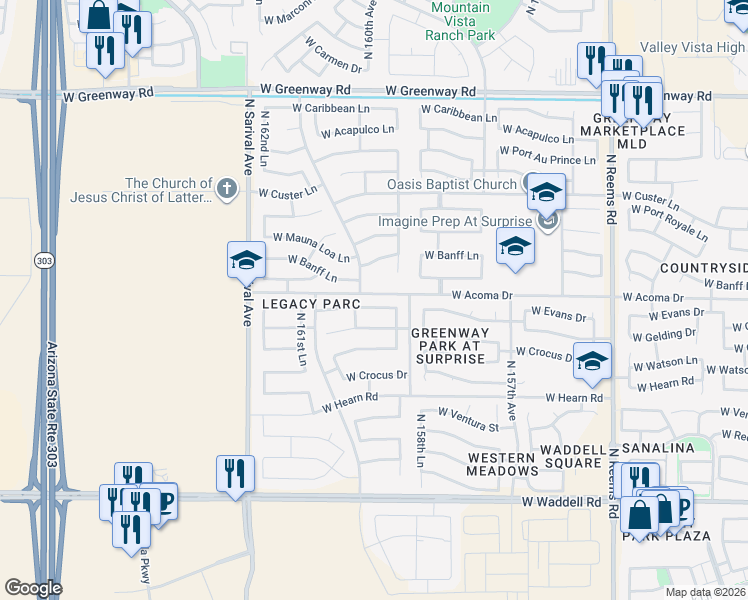 map of restaurants, bars, coffee shops, grocery stores, and more near 15950 West Evans Drive in Surprise