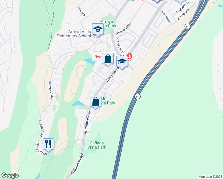 map of restaurants, bars, coffee shops, grocery stores, and more near 83 Rabano in Rancho Santa Margarita